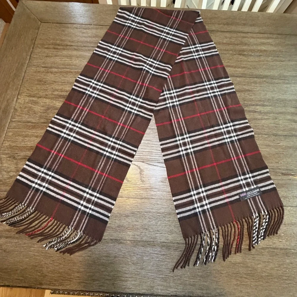 100% Cashmere Scarf Brown Plaid Made in Scotland Fringed Winter Neckwear
